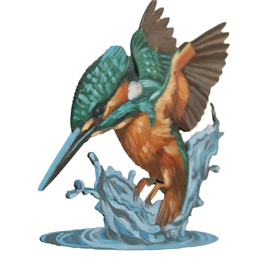 Handgemalte Eisvogel-Malerei auf MDF, ca. 20x20 cm, in leuchtenden Farben mit schwebendem Effekt.