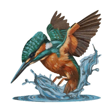 Handgemalte Darstellung eines Eisvogels in Spritzwasser, Retro-Schild 20x20 cm.