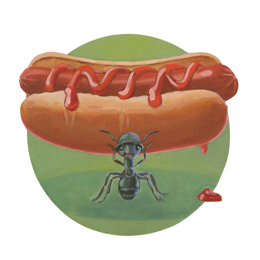 Ameise mit Hot Dog, Unikat, Retroschild, Acrylfarbe auf MDF, 20x20 cm
