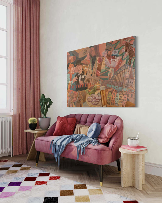 Original oil painting 'Kölle Alaaf' depicting the vibrant spirit of Cologne in a stylish interior setting.