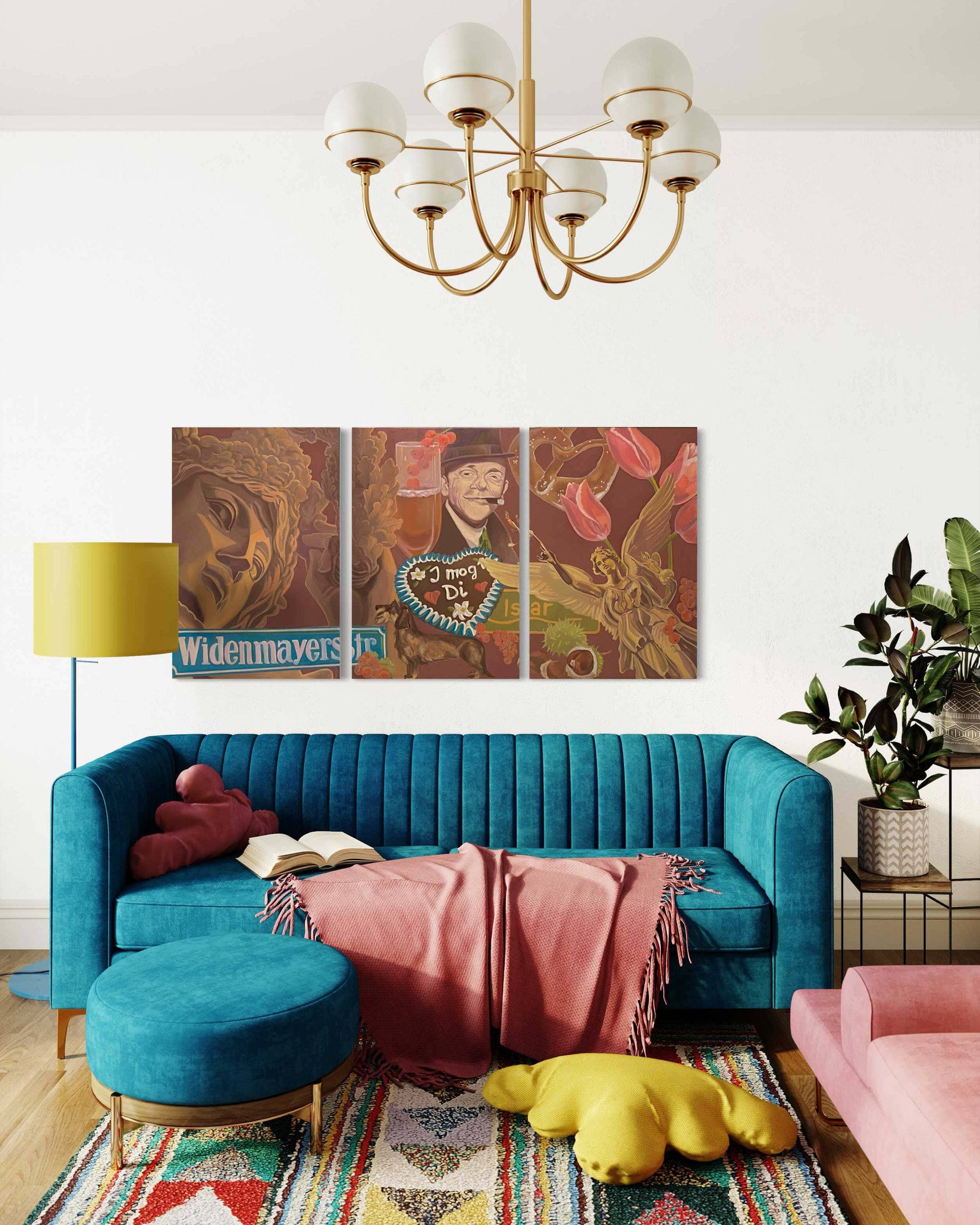 Original triptych oil painting titled 'I mog Di' depicting Munich's culture with vibrant colors.