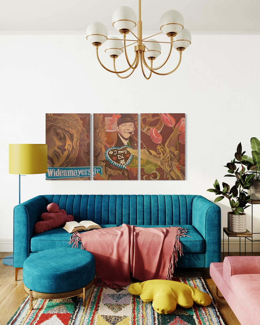 Original triptych oil painting titled 'I mog Di' depicting Munich's culture with vibrant colors.