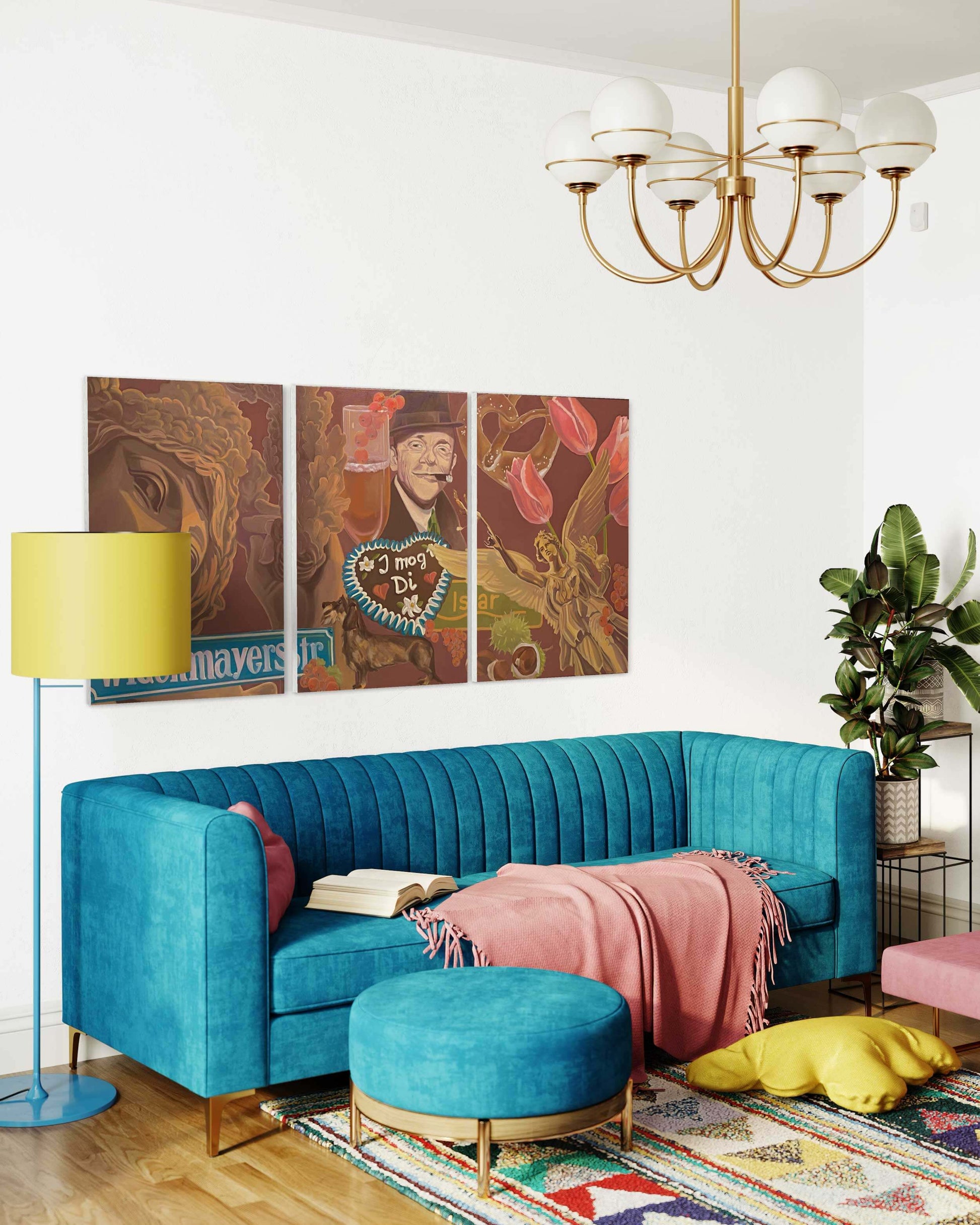 Original triptych painting "I mog Di," colorful wall art in a stylish living room with a teal couch and modern decor.