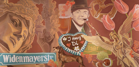 Original hand-painted triptych of Munich's iconic symbols, including pretzels and traditional beer, celebrating local culture.