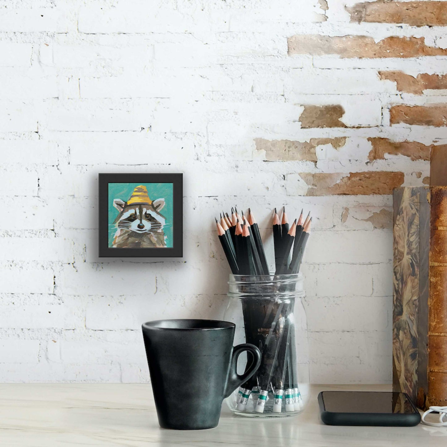 Pocket Art, Fine Art Print on handmade paper in frame, 10 x 10 cm, Woolen hat wearer