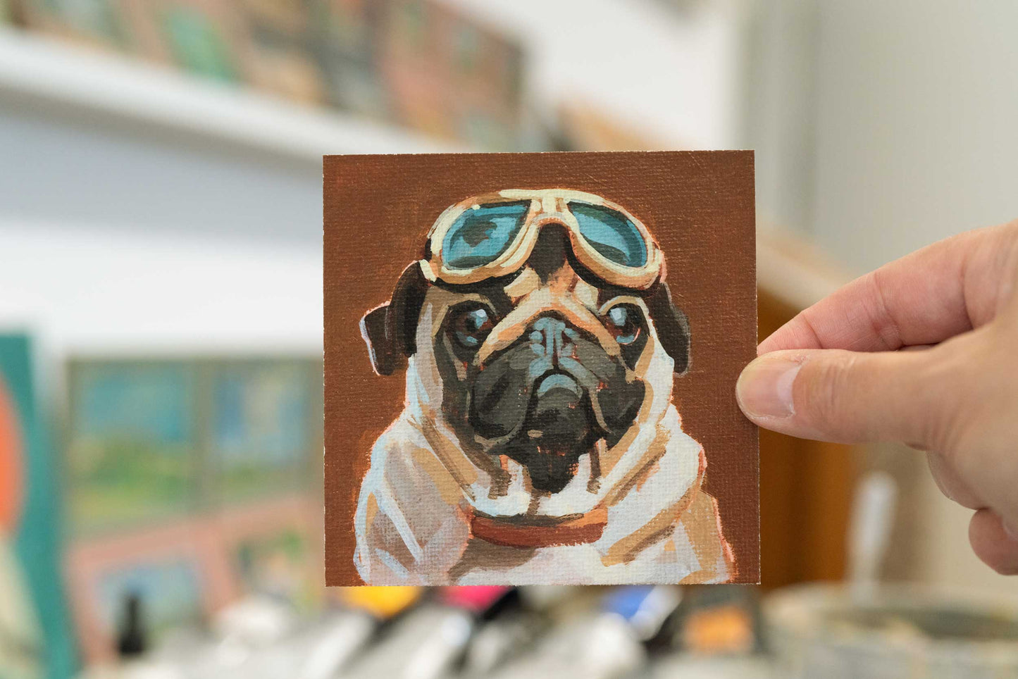 Pocket Art, Fine Art Print on handmade paper in frame, 10 x 10 cm, Fashion Pug 1