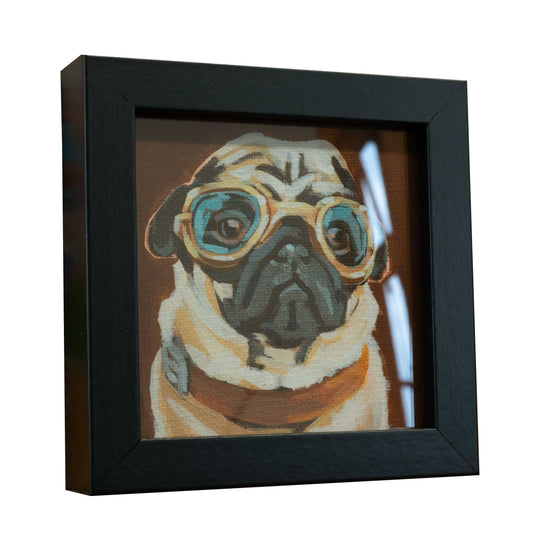 Pocket Art, Fine Art Print on handmade paper in frame, 10 x 10 cm, Fashion Pug 2