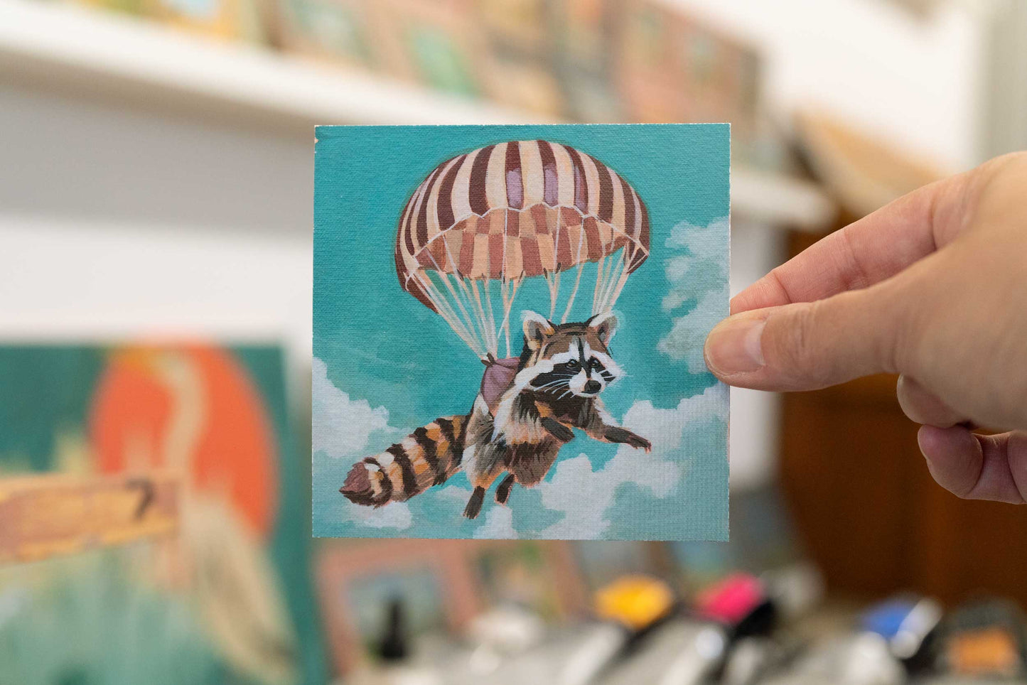 Pocket Art, Fine Art Print on handmade paper in frame, 10 x 10 cm, Parachutist