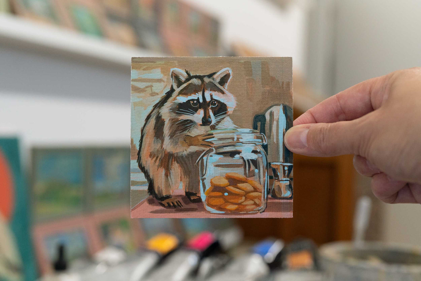 Pocket Art, Fine Art Print on handmade paper in frame, 10 x 10 cm, Cookie Thief