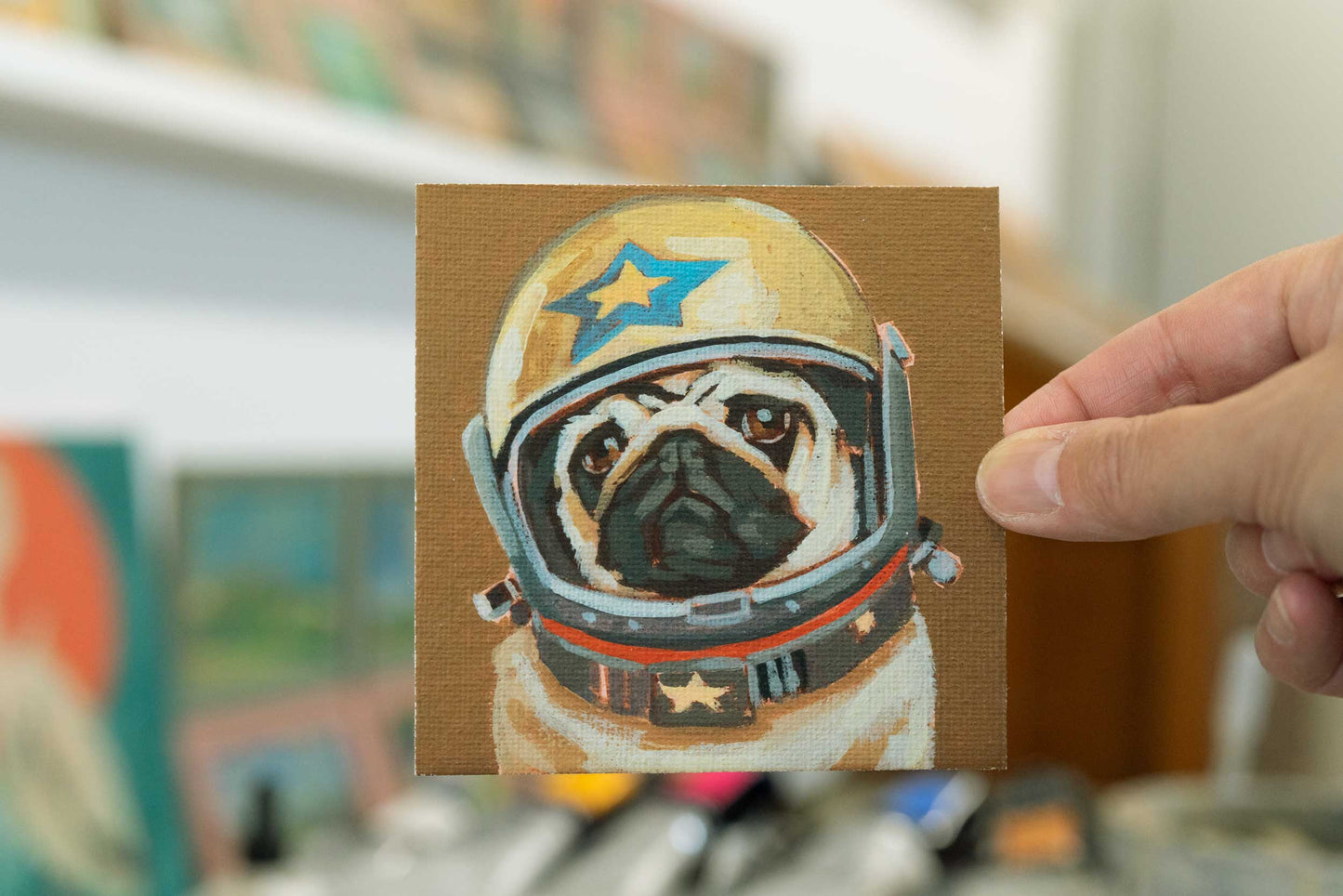 Pocket Art, Fine Art Print on handmade paper in frame, 10 x 10 cm, Rocket Mops