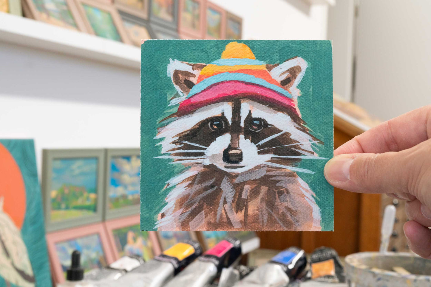 Pocket Art, Fine Art Print on handmade paper in frame, 10 x 10 cm, Woolen hat wearer