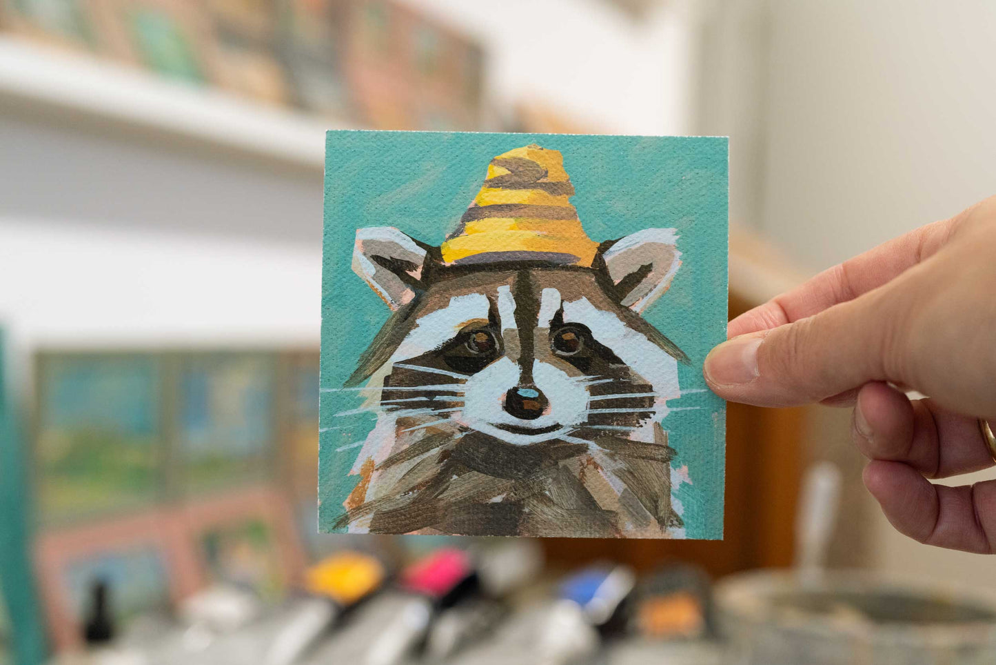 Pocket Art, Fine Art Print on handmade paper in frame, 10 x 10 cm, Woolen hat wearer